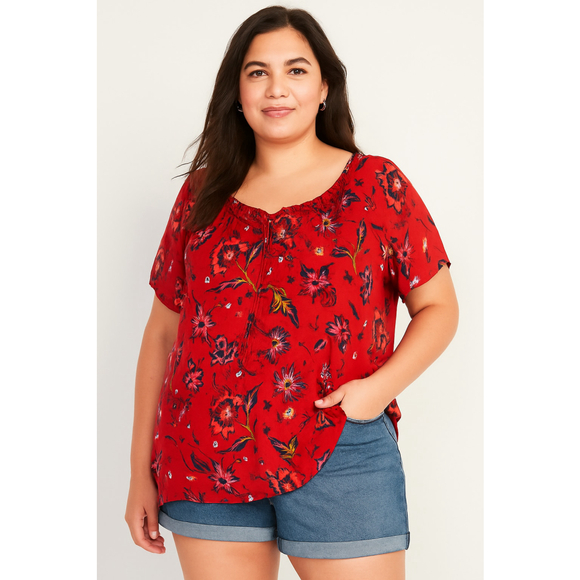 Old Navy Red Floral Peasant Top Plus Size 2X 28” Pit to Pit Tassel Tie Boho - Picture 1 of 11